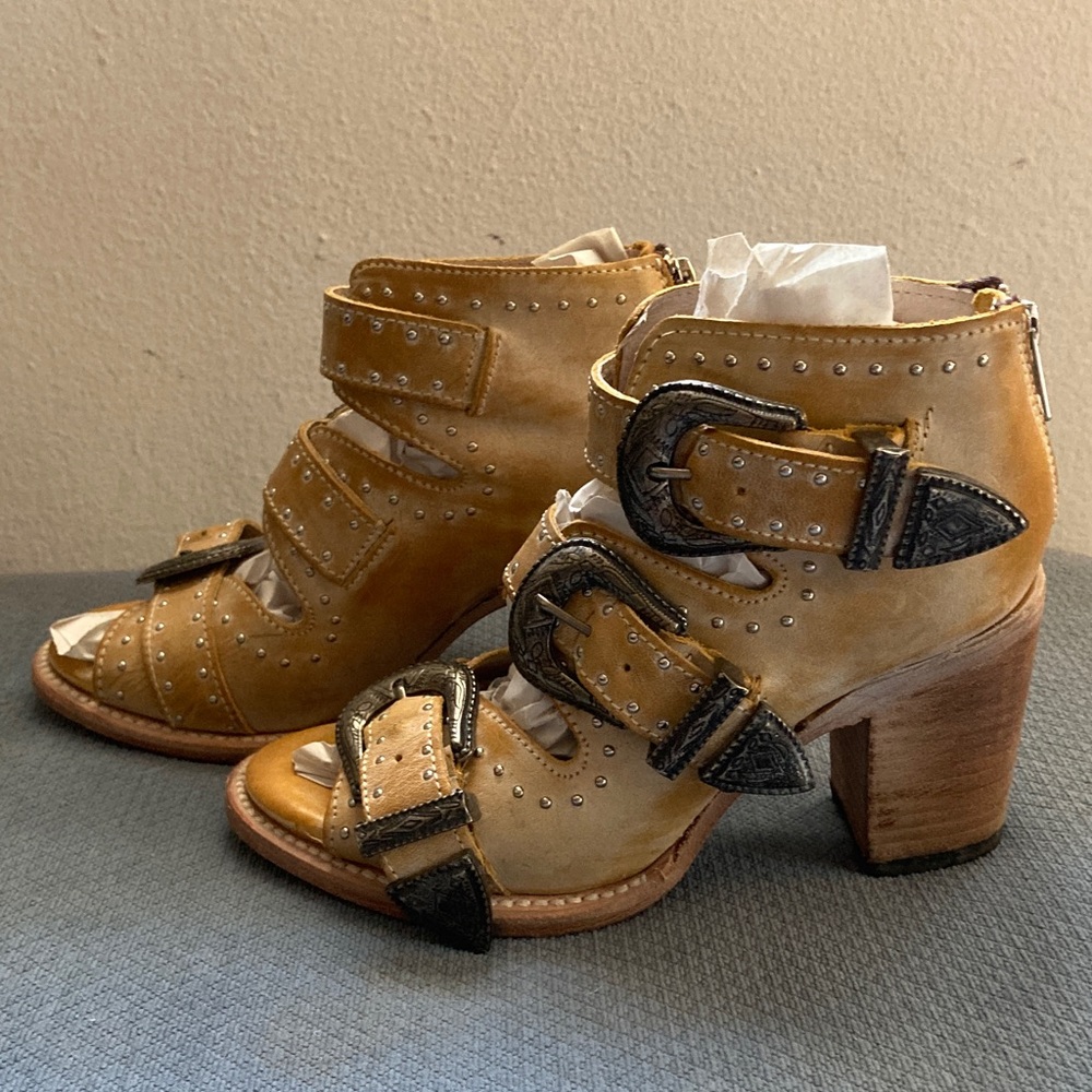 Freebird by Steven Mustard Yellow Cutout Studded Buckle Ankle Boots